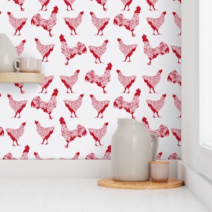 Chicken Wallpaper - Chicken Red On White By Thehighfiber - Chicken Red Custom Printed Removable Self Adhesive Wallpaper Roll by Spoonflower