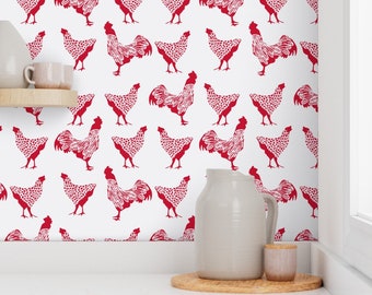 Chicken Wallpaper - Chicken Red On White By Thehighfiber - Chicken Red Custom Printed Removable Self Adhesive Wallpaper Roll by Spoonflower