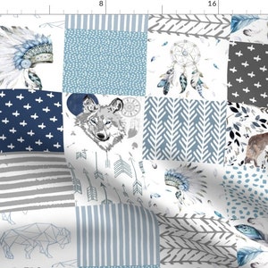 Baby Boy Blue Woodland Wolf  Fabric - Boys Boho Cheater Quilt Wholecloth By Shopcabin - Baby Boy Cotton Fabric By The Yard With Spoonflower