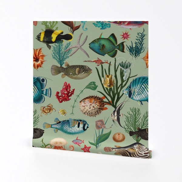 Fischtapete – Ozeanien in Salbeigrün von Delinda Graphic Studio – entfernbare selbstklebende Tapetenrolle mit tropischen Fischen am Strand von Spoonflower