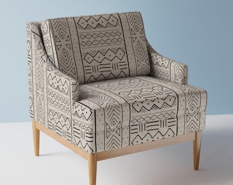 African Geometric Upholstery Fabric- Mudcloth Black On Bone by domesticate - Neutral Beige Black  Fabric By The Yard With Spoonflower