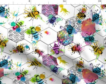 May include: A white background with a honeycomb pattern in gray.  Each cell of the honeycomb is filled with a watercolor design of a bee.  The bees are painted in various colors, including pink, blue, green, yellow, and purple.  The text "honey home" is repeated in each cell.
