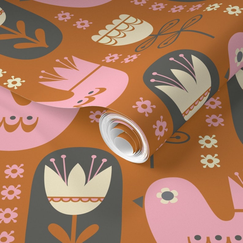 Mid Century Wallpaper Scandinavian Garden Pink Rust by Etsy