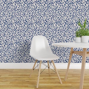 Leopard Print Wallpaper - Leopard Pattern By Exotic Vector - White Navy Blue Animal Removable Self Adhesive Wallpaper Roll by Spoonflower