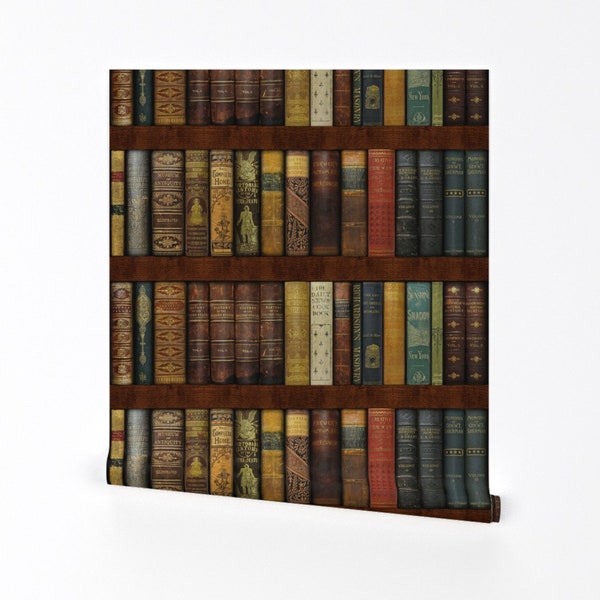 Vintage bibliotheekbehang - Instant boekenkast door Peacoquettedesigns - op maat bedrukte verwisselbare zelfklevende behangrol door Spoonflower