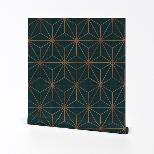 Star Wallpaper - Star Geo Deep Teal Copper By Crystal Walen - Green Custom Printed Removable Self Adhesive Wallpaper Roll by Spoonflower