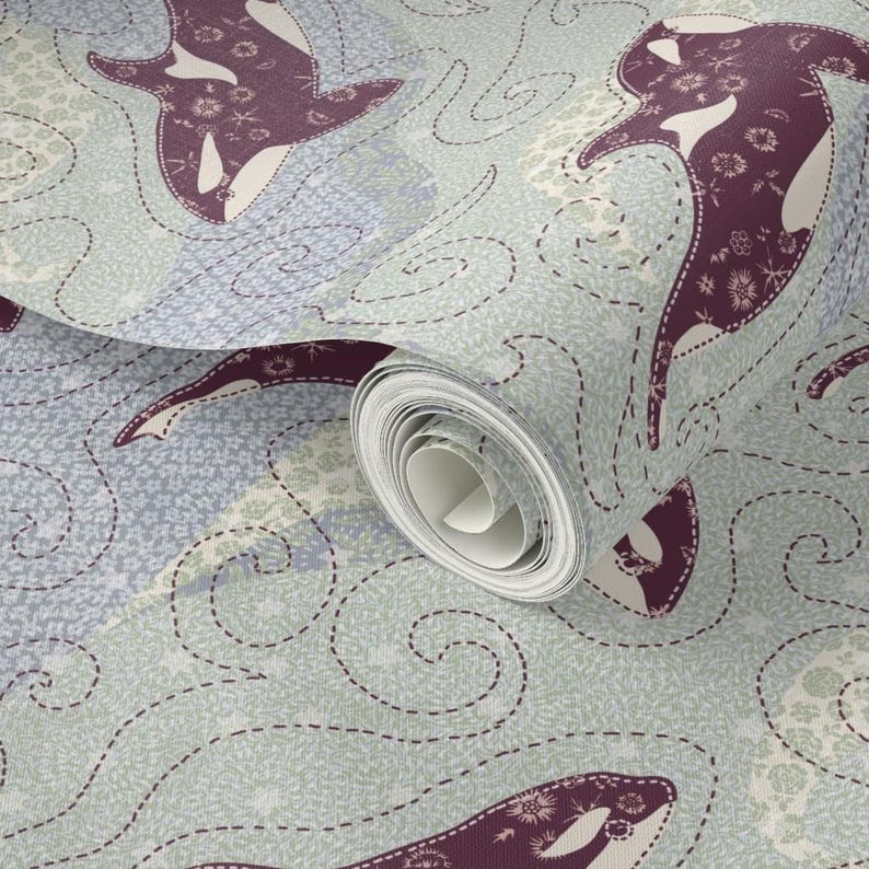 Orca Wallpaper - Patchwork Orca Sea by Ivala - Blue Ocean Killer Whales ...