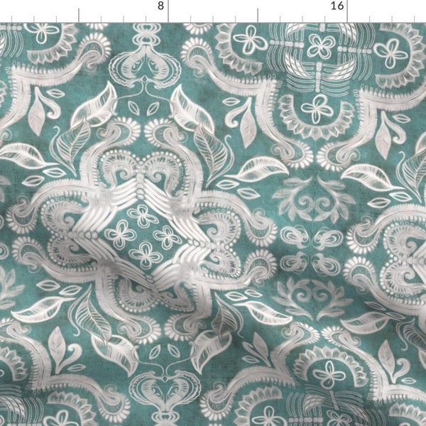 Bohemian Fabric - Teal And Grey Dirty Denim Textured Boho Print Large By Micklyn - Blue White Cotton Fabric By The Yard With Spoonflower