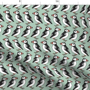 Bird Fabric - Medium Iceland Arctic Puffins Mint Green Cute Scotland Winter By Andrea Lauren - Cotton Fabric By The Yard With Spoonflower