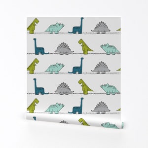 Dinosaur Wallpaper - Dinos On Parade By Littlearrowdesign - Kid's Room Custom Printed Removable Self Adhesive Wallpaper Roll by Spoonflower