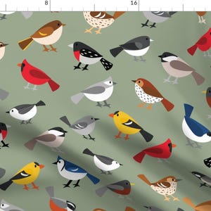 Birds Fabric - Busy Bird Feeder by shinyhappyworld - Cardinal Finch Robin Sparrow Blue Jay Goldfinch Green Fabric by the Yard by Spoonflower