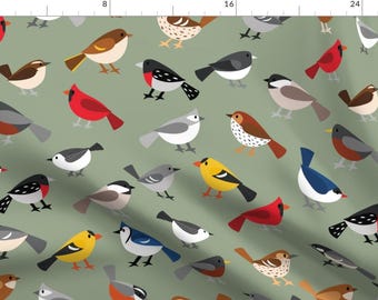 Birds Fabric - Busy Bird Feeder by shinyhappyworld - Cardinal Finch Robin Sparrow Blue Jay Goldfinch Green Fabric by the Yard by Spoonflower