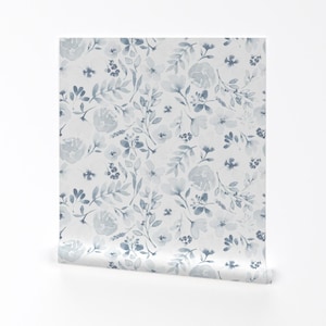 Soft Blue Floral Wallpaper - Faded Floral Watercolor By Erin Kendal - Nursery Infant Removable Self Adhesive Wallpaper Roll by Spoonflower