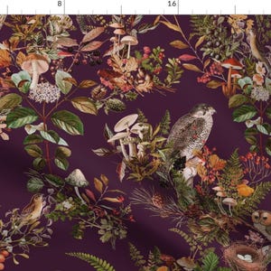 Woodland Birds Fabric - Birds In Dark Plum by thistleandfox - Dark Academia Vintage Botanical Cottagecore Fabric by the Yard by Spoonflower