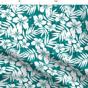 Tropical Botanical Fabric - Turquoise Tropic Flower By Art Of Sun- Summer Hawaiian Tropical Plant Cotton Fabric By The Yard With Spoonflower