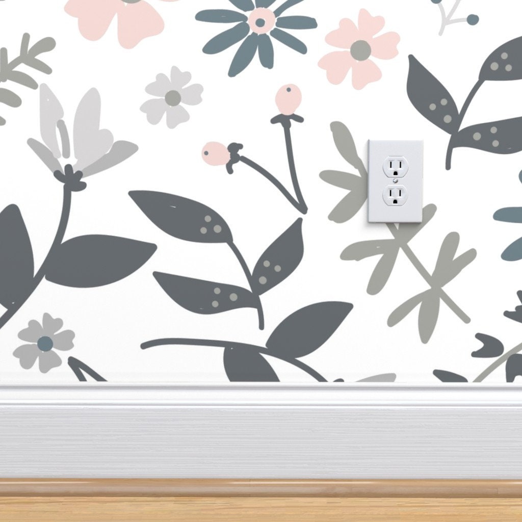 Floral Wallpaper Gray and Pink Flowers by Beesweet Floral Etsy