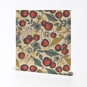 Vintage Style Cherry Wallpaper - Cherry Flavor By Latoblab Design - Red Beige Kitchen Removable Self Adhesive Wallpaper Roll by Spoonflower