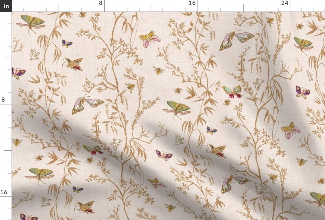 Blue Porcelain Butterfly Chinoiserie and Embroidery White Fabric