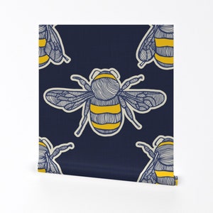 Bumble Bee Wallpaper - Bumblebee Buzz Navy By Patricia Braune - Bumble Bee Custom Printed Removable Adhesive Wallpaper Roll by Spoonflower