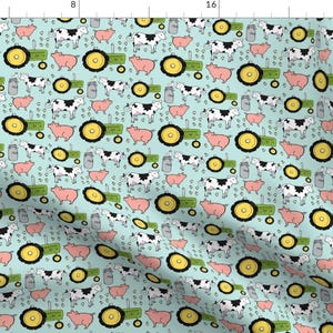 Farm Fabric - On The Farm By Brushwelldesigns - Farm Green Tractor Pink Pig Cow Children&#39;s Cotton Fabric By The Yard With Spoonflower