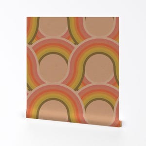 Retro Wallpaper - Rollin&#39; Retro Road By Yesterdaycollection - Peach Green 70s 60s Removable Self Adhesive Wallpaper Roll by Spoonflower
