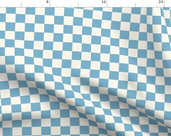 Blue Checkerboard Fabric - Warm Blue On Cream by sabina_bala - Light Blue Check Y2k Retro Spring Pastel Fabric by the Yard by Spoonflower