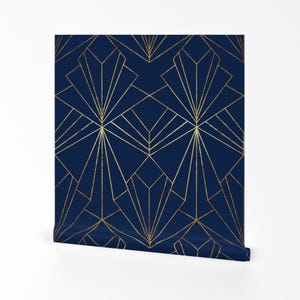 Blaue Abnehmbare Tapete - Geometrisches Muster Art Deco Marineblau 1920er Jahre - Art Deco Blau by thewellingtonboot