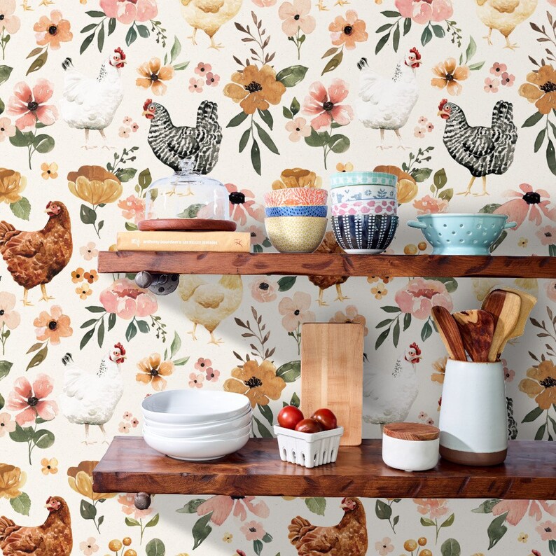 Farmhouse Wallpaper Watercolor Chicken Floral by cateandrainn Painted Hens Chickens Removable Peel and Stick Wallpaper by Spoonflower image 9