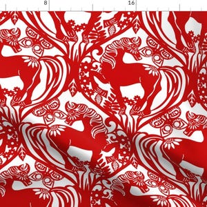 Folk Horse Fabric - Oh Gee! It&#39;S The Year Of The Horse! By Shellypenko - Paper Cut Red and White Cotton Fabric By The Yard With Spoonflower