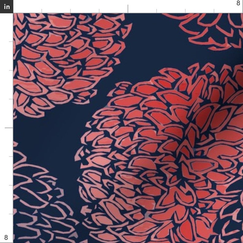 Chrysanthemum Floral Fabric Ming Chrysanthemum In Navy And Coral Pink By Willowlanetextiles Fabric by the Yard With Spoonflower image 2