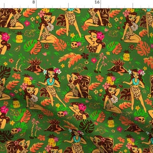 May include: A green fabric with a repeating pattern of pin-up style women in tropical settings. The women are wearing leopard print bikinis and flower leis. The background features palm trees, pineapples, flowers, and volcanoes.