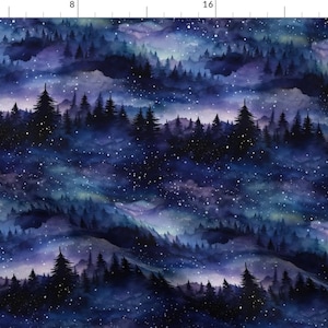 Dark Night Sky Fabric - Dreamy by floweryhat - Landscape Nature Blue Purple Clouds Dreamy Stars Mountains Fabric by the Yard by Spoonflower