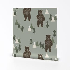 Bear Wallpaper - Camping Trees Woodland Forest By Andrea Lauren - Bear Custom Printed Removable Self Adhesive Wallpaper Roll by Spoonflower