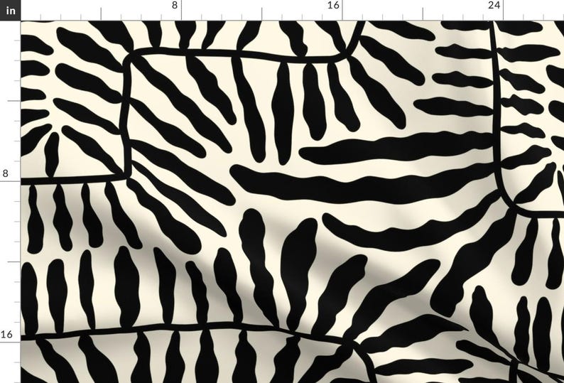 Tessuto per tappezzeria moderno con motivo botanico - Foglia astratta nera di eti_enne - Tessuto geometrico con foglia nera, crema e avorio tagliato su misura con Spoonflower immagine 2