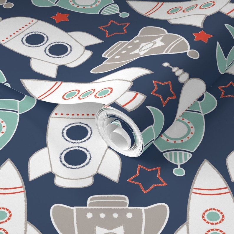 Rocket Ships Wallpaper Rocket Race in Navy by Sugarfresh Etsy