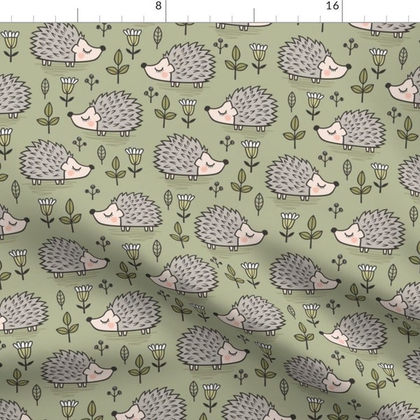 Hedgehog Fabric - Hedgehog With Leaves Flowers Olive Green By Caja Design - Hedgehog Woodland Cotton Fabric By The Yard With Spoonflower