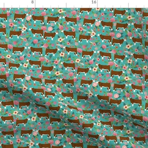 Hereford Floral Fabric - Hereford Cow Farm Floral Fabric Cattle Teal By Petfriendly - Hereford Cotton Fabric By The Yard With Spoonflower