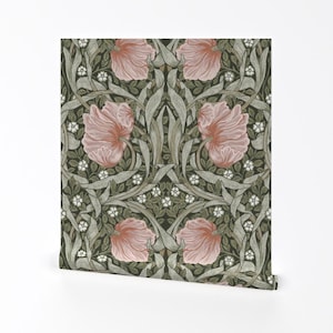 Green Removable Peel and Stick Wallpaper -  Large Scale William Morris Pimpernel Pink  - Wall Art Wall Decor - Pimpernel  by chantal_pare