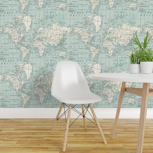 Papier peint adhésif vintage à motifs de cartes du monde - Carte du monde bleue et crème - Décoration murale amovible - Carte bleue et crème douce par aftermyart