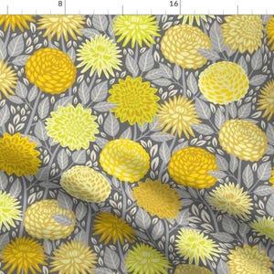 Botanical Fabric - Dahlia Dream By Rebelform - Yellow Gray Flowers Garden Spring Blooming Buds Cotton Fabric By The Yard With Spoonflower