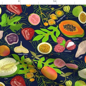 May include: A navy blue background with a repeating pattern of various fruits and vegetables, including papaya, guava, lychee, and passion fruit. The fruits and vegetables are illustrated in a cartoon style and have their names written next to them.