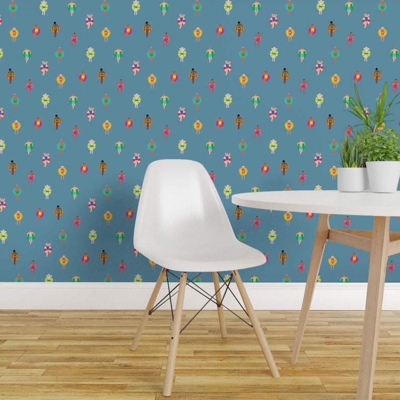 Swimmers Wallpaper Swimmers Pool Floats Dusty Blue by dasbrooklyn Pool Floats Water Removable Peel and Stick Wallpaper by Spoonflower image 3