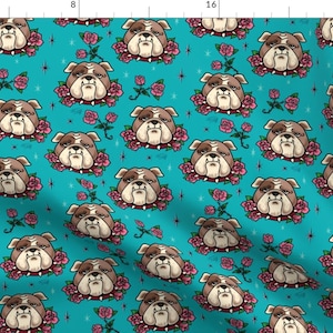 Bulldogs Fabric - Bulldogs And Roses-Medium By Miss Fluff - Bulldogs Aqua Roses Retro Vintage Cotton Fabric By The Yard With Spoonflower