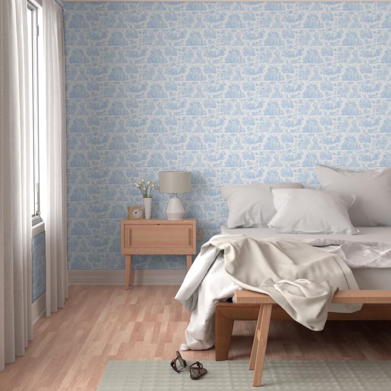 Papel pintado Toile - Toile de Marsella de Peacoquettedesigns - Papel pintado autoadhesivo francés removible para habitación infantil en color azul bebé de Spoonflower imagen 5