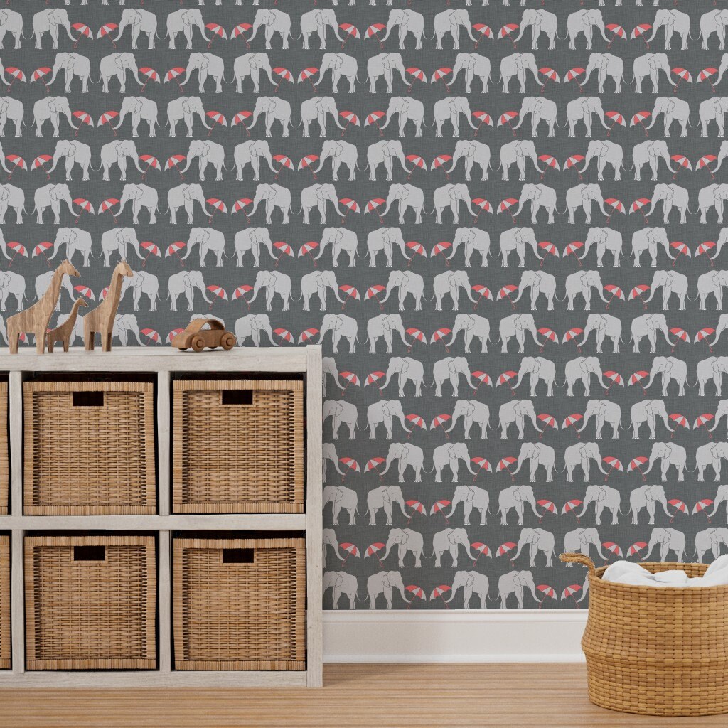 Elephant Wallpaper Elephant and Umbrella Coral by Holli - Etsy