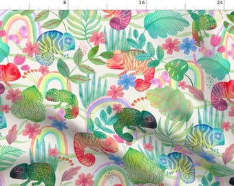 Chameleon Fabric - Peekaboo Chameleon By Rebelform - Rainbow White Jungle Floral Botanical Trees Cotton Fabric By The Yard With Spoonflower