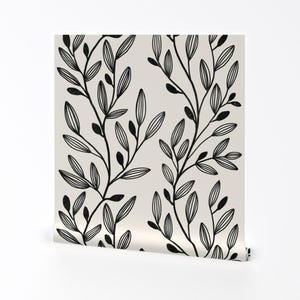 Neutral Leaves Wallpaper - Black Vines By Gagicacontra - Black Beige Greenery Stripes Removable Self Adhesive Wallpaper Roll by Spoonflower