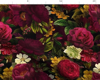 May include: A seamless pattern featuring a dark background with a variety of burgundy, red, and white flowers. The flowers are arranged in a random pattern and are surrounded by green leaves.