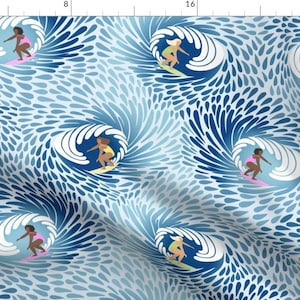 Wave Fabric - Ride The Wave By Portiamonberg - Wave Summer Tropical Blue White Girls Beach Fun Cotton Fabric By The Yard With Spoonflower
