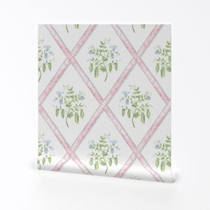 Pink Trellis Removable Peel and Stick Wallpaper - Ribbons Sweet Pea Plant Blue Green - Wall Art Wall Decor - Eloise by danika_herrick